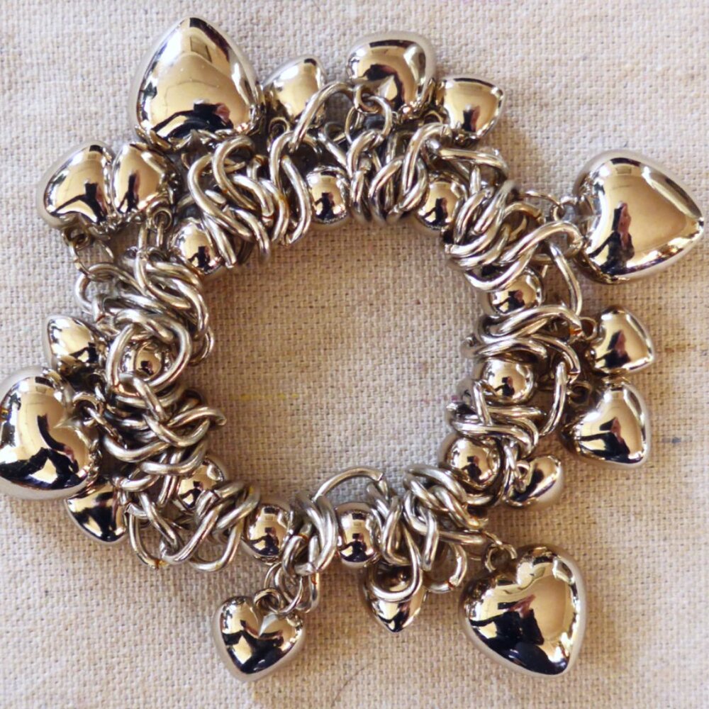 Silver Tone Puffy Hearts Charm Bracelet